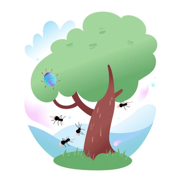A serene summer landscape features a large green tree with textured bark, where a cicada is perched on a branch, its details showcasing a vibrant shell. The ground below is teeming with activity as several ants are busy moving in various directions, carrying small objects. Lush grass surrounds the base of the tree, and the background is filled with gently rolling hills in soft pastel colors, evoking a tranquil atmosphere. A subtle blue sky can be seen overhead, transitioning into warmer hues near the horizon.