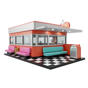 A retro 1950s diner with a shiny chrome exterior and vibrant red accents. The large front windows reveal a view of the interior, where several empty booths with bright vinyl upholstery in teal and pink line the walls. The checkerboard floor is black and white, adding to the nostalgic atmosphere. A prominent "Closed" sign hangs in the window, contrasting with the colorful decor. The counter is empty, with a jukebox in the corner, featuring classic rock and roll records.
