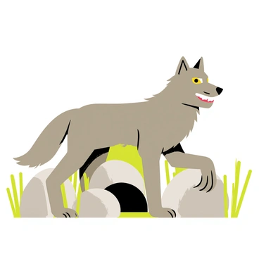 A wolf with bared teeth and an intense gaze stands in a defensive posture over its den. The wolf has a thick, gray fur coat that glistens under the soft sunlight. Its sharp eyes are focused and alert, reflecting a fierce determination. The den is nestled among a cluster of large rocks and surrounded by tall green grass. Small trees and bushes frame the scene, adding to the natural setting. The wolf's stance is proud and strong, ready to defend its territory.