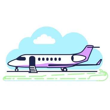 A luxurious private jet is parked on a runway. The jet features sleek lines and a glossy exterior, showcasing its high-end design. The wings are extended, and the tail of the jet is prominently displayed. A staircase leads up to the entrance of the jet, positioned on the side. Surrounding the jet, the runway is smooth and well-maintained, with clear demarcations. In the background, there are few distant clouds in a bright blue sky, signifying a sunny day. The scene conveys an atmosphere of affluence and exclusivity.