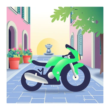 A Kawasaki motorcycle in a glossy green finish is parked on a narrow cobblestone street. The street is flanked by quaint, old stone buildings with wooden shutters painted in pastel colors. Potted plants with vibrant flowers are placed near the doorways of the houses. A gentle breeze rustles the leaves of a nearby tree, casting dappled shadows on the ground. In the background, a small fountain with a stone base adds to the charm of the quiet village atmosphere. The sun is setting, bathing the scene in a warm, golden light.