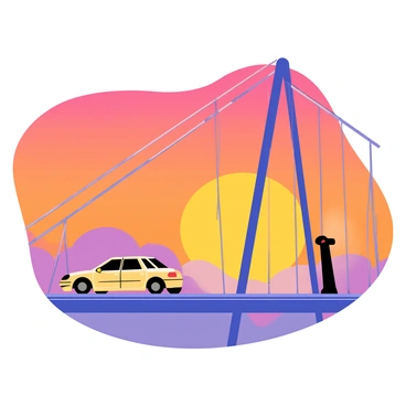 A car is driving away on a suspension bridge, with its outline prominently visible. The background features a vibrant sunset, casting hues of orange, pink, and purple across the sky. The bridge has tall towers and cables that create a striking silhouette against the colorful sunset. The car appears small in comparison to the expansive bridge and the dramatic sky, emphasizing the feeling of movement as it leaves the scene.