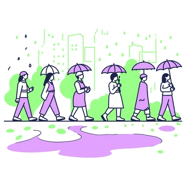 A rainy day scene is depicted with multiple people walking along a street. Each person is holding an umbrella, which is raised above them to shield against the falling rain. The umbrellas vary in size and shape, with some being round and others more rectangular. The ground is covered in numerous puddles, reflecting the figures and the surrounding environment. Raindrops can be seen splashing onto the surface of the puddles, creating small ripples. In the background, there are tree silhouettes and building outlines, adding depth to the scene.