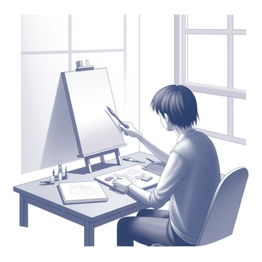 A person seated at a wooden table in a bright room, focused on a half-finished canvas propped up in front of them. The individual is holding a paintbrush in their right hand, while their left hand rests on the table, surrounded by various art supplies. There are tubes of paint scattered across the surface, alongside a small palette smeared with colors. A few brushes of different sizes are positioned neatly within reach, and an open sketchbook lies nearby, featuring visible pencil sketches. Natural light streams in through a window, illuminating the scene and creating shadows in the corners of the room.