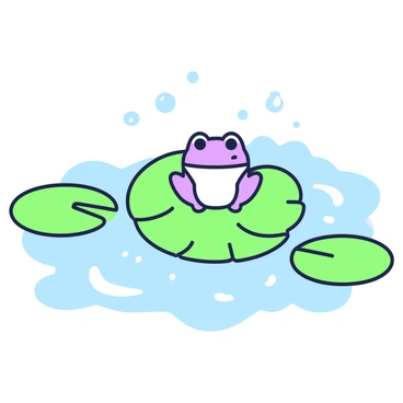 A small frog is sitting on a lotus leaf. The frog is positioned centrally on the leaf, with its legs tucked in. Water droplets are scattered across the leaf's surface, glistening in the light. The background features a serene expanse of water, reflecting soft ripples. The edges of the scene are defined by the subtle shapes of additional lotus leaves nearby.