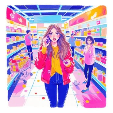 A woman with long brown hair is standing in a grocery store aisle. She has a dramatic expression, with wide eyes and an open mouth, as she holds a smartphone to her ear. Her outfit consists of a bright red sweater and dark jeans. The grocery store around her is chaotic, with overturned shopping carts, scattered items on the floor, and other customers looking surprised. Brightly colored product packaging lines the shelves, and a large promotional banner hangs above. The fluorescent lights cast a bright glow over the entire scene.