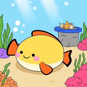 A cartoon-like pufferfish with a round body is floating in a colorful underwater scene. The pufferfish is wearing a small, cheerful expression on its face, surrounded by bubbles. Nearby, there are vibrant coral formations in shades of pink, orange, and purple. The fish is positioned comfortably on a sandy surface, with seaweed gently swaying around it. In the background, there is a small rock formation that serves as a massage table, with tiny starfish resting on it. Soft rays of sunlight filter through the water, creating a tranquil atmosphere.