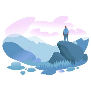 A wild, untamed landscape unfolds with rolling hills and rugged cliffs stretching into the horizon. The sky is filled with gradient pastel colors, transitioning from soft pinks to gentle purples. In the distance, a figure resembling Heathcliff stands atop a rocky outcrop, silhouetted against the colorful sky. Surrounding him are patches of wild grass and scattered stones, completing the dramatic scenery. The atmosphere is one of raw beauty and isolation, inviting viewers to explore the untamed wilderness.