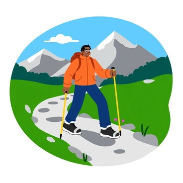 A hiker wearing a bright orange jacket and sturdy hiking boots is using two trekking poles for support. The hiker has short, dark hair and is carrying a small backpack. The mountain trail is rocky and winding, with patches of green grass and wildflowers along the sides. In the background, tall, rugged mountains rise under a clear blue sky, and a few fluffy white clouds drift overhead. The sunlight casts soft shadows on the trail, highlighting the hiker's determined expression as they navigate the path.
