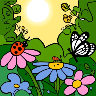 A close-up of a bustling world of tiny insects in the fantasy forest, with colorful flowers and foliage.