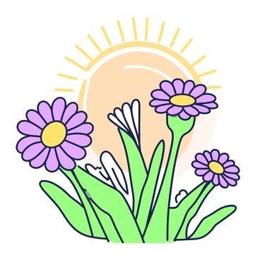 A silhouette of daisies is positioned in the foreground, showcasing their distinct shapes and forms. The flowers are arranged in a natural cluster, with varying heights creating depth. In the background, a sunset fills the sky with a gradient of warm colors. The sun is partially visible, casting a soft light that enhances the outline of the daisies. The scene captures the contrast between the dark silhouettes of the flowers and the glowing sky, evoking a sense of tranquility.