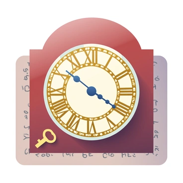 An antique clock face with ornate designs is positioned prominently on a half board. The clock hands are pointing directly at "12," indicating noon. The clock face features intricate Roman numerals in gold, set against a rich mahogany background. The wooden half board beneath the clock is polished and reflects the clock's details. Surrounding the clock are subtle hints of aged decor, such as a small brass key resting nearby and faint, faded handwriting along the edges of the board.