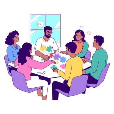 A group of six diverse coworkers is sitting in a circle. Each person is holding a different piece of a vibrant communication puzzle. The first coworker is a woman with curly hair wearing a blue shirt, holding a yellow puzzle piece. Next to her, a man with glasses in a white shirt is grasping a teal piece. The third coworker, a woman with long straight hair in a pink top, is holding a purple puzzle piece. Across from her, a man with a beard dressed in an orange sweater holds a red piece. Beside him, a woman with short hair in a yellow dress is holding a blue puzzle piece. Finally, a man in a teal shirt completes the circle with a white puzzle piece in his hand. The setting is a bright, modern office with a large window in the background.