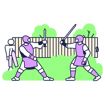 Two friends are engaged in a sparring session in a backyard. They are equipped with iron swords, wearing protective gear that includes helmets and padded vests. One friend is in an offensive stance, ready to strike, while the other is in a defensive posture, holding the sword up to block. The backyard is surrounded by a wooden fence and features a grassy area where they are training. In the background, there are some trees providing shade, and a few training dummies are placed around, indicating a focused practice environment.