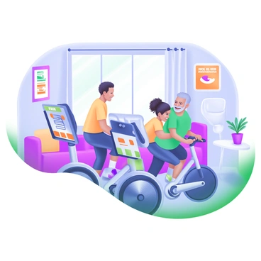 A cozy living room setting featuring a family of diverse ages and backgrounds participating in a synchronized Peloton bike session. The room is bright and inviting, with a large window letting in natural light. Each family member is on their own Peloton bike, smiling and focused on the screen in front of them, which displays a virtual cycling class. The youngest member, a child with curly hair, is wearing bright workout attire, while an older adult is dressed in comfortable athletic clothing. Various motivational posters are visible on the walls, and a small plant sits on a side table, adding a touch of greenery to the scene.