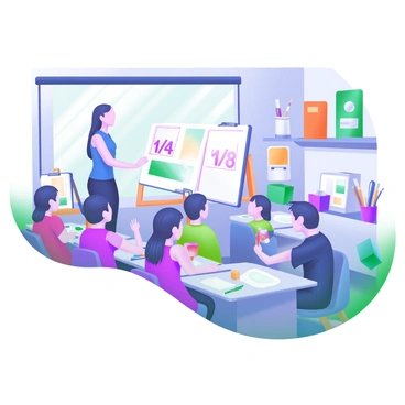 An art teacher standing in front of a classroom filled with students. The teacher is holding two illustration boards, one labeled "1/4" and the other "1/8." The students are seated at their desks, attentively listening and taking notes. The classroom walls are adorned with colorful artwork created by the students. A large window allows natural light to illuminate the scene, casting soft shadows on the floors. In the background, there are art supplies like brushes, paints, and easels organized neatly on a shelf.