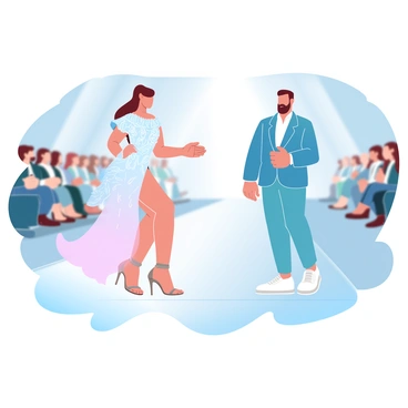 A fashion show takes place in a spacious venue with a glossy runway. The spotlight is focused on a section of the catwalk, illuminating two models showcasing vibrant outfits. The first model wears a flowing dress with a gradient of pastel colors, featuring soft ruffles and intricate patterns. The second model sports a tailored suit in complementary shades, with sleek lines that emphasize the form. In the background, other models are partially visible, creating a sense of depth. The audience is seated along the sides, captivated by the showcase.