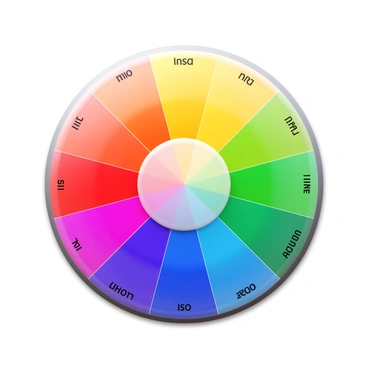 A 3D color wheel displaying various hues and shades. The wheel is divided into distinct segments, each showcasing a different color, including primary and secondary colors. Reflections on the surface enhance the appearance of depth. The colors transition smoothly from one shade to another, demonstrating a wide spectrum of tones. Labels for each hue are positioned around the wheel for clarity. The color wheel is presented at an angle to emphasize its three-dimensional form.