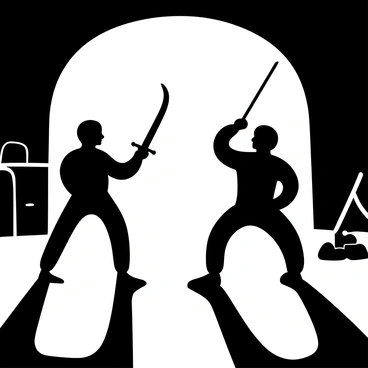 Two figures standing across from each other in a dimly lit room, their silhouettes sharply defined against a faintly illuminated backdrop. Each figure is poised in a tense stance, with one holding a long, curved sword raised defensively, while the other grips a staff, ready for action. Shadows stretch across the floor, adding to the intensity of the confrontation. The room has minimal furnishings, with only a few scattered objects that hint at a previous struggle, enhancing the atmosphere of anticipation and tension.