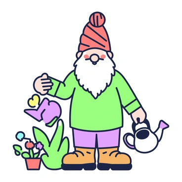 A garden gnome stands in a vibrant garden. The gnome has a long white beard and rosy cheeks. He is wearing a hat that appears to be knitted from a soft ball of red yarn, with the texture clearly visible. The gnome's outfit consists of a green tunic and brown trousers. Surrounding him are colorful flowers and green foliage, adding to the lively atmosphere of the garden. The gnome holds a tiny watering can in his right hand, while his left hand rests on a small flower pot beside him.