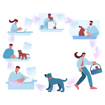 An illustration depicting the process of adopting a pet from a shelter. The first step shows a person filling out an application form at a desk in a shelter. The second step shows a staff member reviewing the application with a checklist in hand. The third step illustrates a meeting between the person and a dog in a play area, where they interact with each other. The fourth step shows the person completing adoption paperwork at a different desk. The final step displays the person happily carrying their new pet in a carrier while walking out of the shelter. Soft gradient pastel colors fill the background, enhancing the warm atmosphere of the scene.