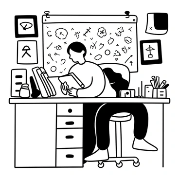 An artist with short hair sitting at a wooden desk, intently focused on a tablet in front of them. The tablet displays a partially finished digital illustration. Scattered around the desk are various art supplies, including pens and sketchbooks. Behind the artist, a large corkboard filled with sketches and inspiration can be seen. On the wall, there are several framed illustrations showcasing the artist's previous work. The atmosphere conveys a sense of creativity and dedication.