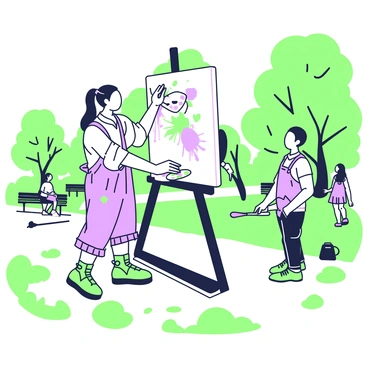 An artist is standing in front of a large canvas set up on an easel in an outdoor park. The artist has long hair tied back and is wearing a loose-fitting shirt and paint-splattered overalls. They are holding a palette in one hand and a brush in the other, with vibrant paint colors visible on the palette. The canvas features broad strokes and splashes of color, indicating a lively composition. Surrounding the artist are lush trees and a few scattered benches, with sunlight filtering through the leaves, casting dappled shadows on the ground. In the background, other park visitors can be seen walking along a path.
