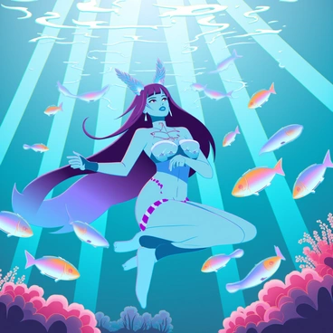 A character resembling a mystical being with fox-like features, known for her enchanting appearance, is swimming gracefully through a vibrant underwater realm. She has long, flowing hair that shimmers with shades of blue and purple, reflecting the light from above. Her attire is adorned with intricate patterns reminiscent of marine life. Surrounding her are schools of colorful fish in various shapes and sizes, each displaying bright hues of orange, yellow, and electric blue. Coral reefs with glowing patterns create a stunning backdrop, while gentle rays of sunlight penetrate the water, illuminating the scene with a magical glow.