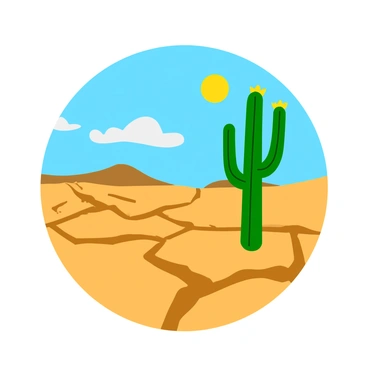 A cracked, dry lakebed with large fissures stretching across the surface. The sun is blazing in a bright blue sky, casting sharp shadows on the ground. In the foreground stands a lone green cactus with tall, spiky arms reaching upward. The cactus has small yellow flowers blooming near the top, adding a pop of color against the arid backdrop. The overall scene conveys a sense of harsh desert conditions.