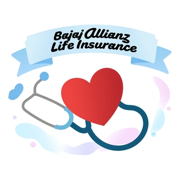 A stethoscope is lying across a red heart symbol, with the two ends of the stethoscope gently coiled around the heart. The heart is positioned centrally, vibrant and solid, symbolizing care and health. Above this arrangement, there is a banner displaying the text "Bajaj Allianz Life Insurance" in bold lettering, prominently placed to convey trust and security. The background features a gradient of pastel colors, enhancing the visual appeal and emphasizing the elements within the image.
