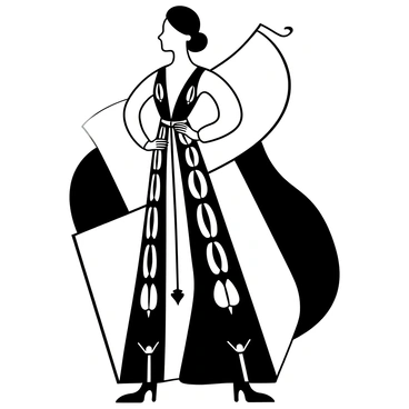 A fashion illustration inspired by the geometric patterns and bold colors of Art Deco