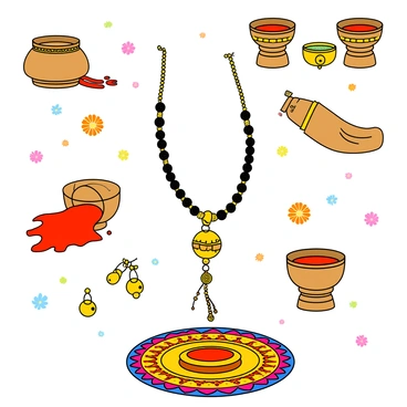 A colorful doodle featuring various symbolic elements of Indian weddings. At the center, there is a "mangalsutra," a traditional black and gold necklace, intricately designed with small beads. Surrounding it are several "sindoor" containers, one of which is tipped over, spilling bright red powder. There are also illustrations of "ghungroo," small bells commonly worn on the ankles, and decorative "rangoli" patterns in vibrant colors at the bottom. The background includes floral motifs and small traditional lamps, creating a festive atmosphere. Each element is playfully drawn with bold outlines and bright colors.