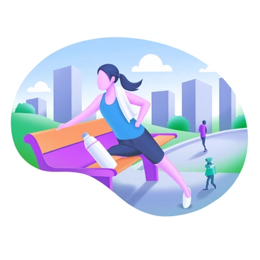A runner is taking a break by leaning against a city bench. The runner is wearing a bright blue tank top and black running shorts, with a white water bottle resting beside them on the bench. Their hair is pulled back in a ponytail, and they have a towel draped around their neck. The background features tall city buildings and some greenery, with people walking in the distance. The sun casts soft shadows on the pavement, and a few clouds are visible in the bright blue sky.