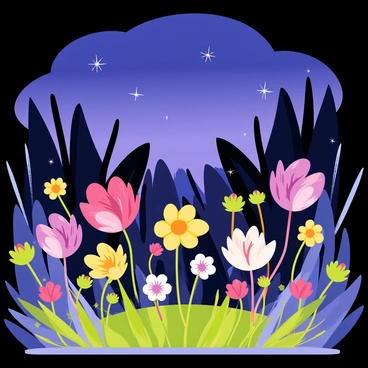 A lush garden filled with various flowers, each radiating a gentle glow in different colors. The flowers have intricate petals that seem to shimmer and shine. The garden is surrounded by tall, leafy plants, adding depth and dimension. A twilight sky painted in hues of deep blue and purple creates a dramatic backdrop, with a few twinkling stars beginning to appear. The ground is covered with soft, green grass, providing a vibrant contrast to the glowing flowers.