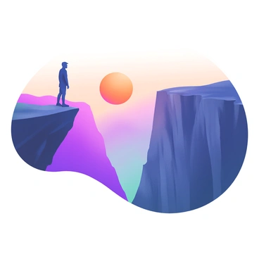A silhouette of a person standing at the edge of a chasm. The figure is positioned prominently, gazing towards the horizon. In the background, a sun rises, casting a warm orange and pink glow across the sky. The chasm is deep, with steep rocky sides, and the morning light highlights the textures of the terrain. The overall scene captures the transition from night to day, with the silhouette contrasting against the vibrant colors of the dawn sky.