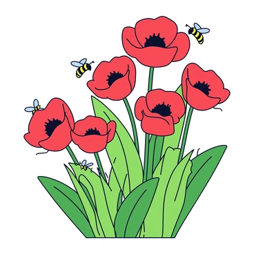 A cluster of bright red poppy flowers in full bloom, surrounded by vibrant green leaves. Several small bees with black and yellow stripes are buzzing around the flowers, collecting nectar. The flowers have delicate petals that are slightly translucent, showcasing their rich color. The garden exhibits a healthy, lush appearance, with more greenery in the background.