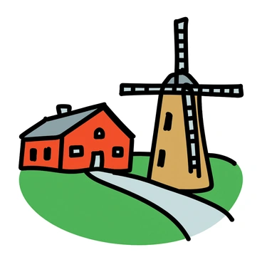 A vintage farmhouse surrounded by green fields with a tall windmill in the background.