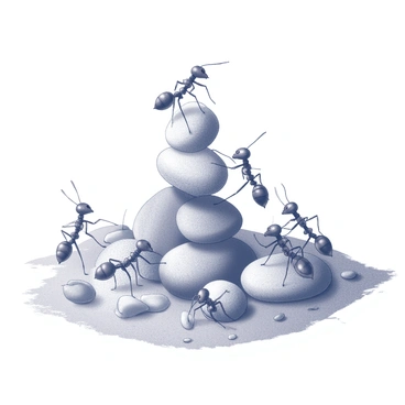 A group of ants busy at work, meticulously arranging small pebbles and leaves into a sculpture. The ants are varied in size, with some carrying tiny pebbles and others holding bits of leaf. The sculpture is taking shape in the center of a natural setting, with the ground composed of dirt and scattered foliage. Nearby, a few ants are working together to lift a larger pebble, while others are coordinating their movements in a structured manner. The scene showcases the intricate teamwork of the ants as they focus on their task.