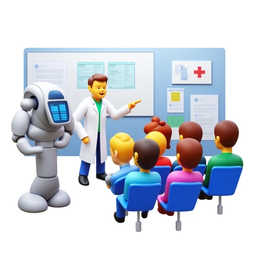 A doctor wearing a white lab coat stands beside a sleek medical robot. The robot has a metallic body with articulated arms and a digital display on its front, showcasing various medical data. The doctor points towards the robot, explaining its features to a group of students seated nearby. The students, a diverse group of young individuals, look on with expressions of curiosity and engagement. The setting is a modern medical classroom, with equipment and medical charts visible in the background.