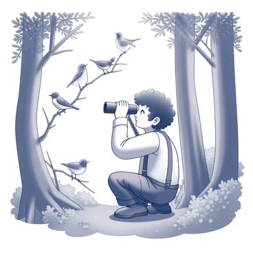 A hobbit peering through binoculars, observing birds perched on branches
