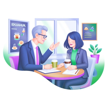 A modern pastel illustration depicting a manager and a young professional engaged in a lively discussion over coffee. The manager is a middle-aged person with short, neatly combed hair, wearing a business suit and glasses. The young professional has shoulder-length hair, wearing a smart casual outfit. They are seated at a round wooden table in a cozy café. On the table, there are two steaming coffee cups, a notebook, and a pen. The background includes a chalkboard menu featuring beverages and pastries, with soft light filtering through large windows adorned with indoor plants.