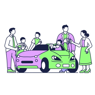 A happy family stands beside a shiny new car in a dealership lot. The family consists of four members: a father, a mother, a son, and a daughter. The father is smiling widely, wearing a casual shirt and jeans, while the mother is dressed in a colorful blouse and skirt. The son, holding a toy car, is jumping in excitement, and the daughter is reaching out to grab the keys. A salesman, wearing a suit and a friendly expression, is handing over the keys with one hand while gesturing towards the car with the other. The car features sleek lines and polished surfaces, enhancing the joyful atmosphere of the moment.
