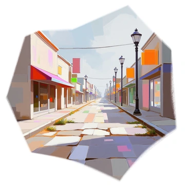A city street scene is depicted, featuring cracked pavement with visible signs of wear and neglect. Weeds are growing through the gaps of the pavement, illustrating urban depletion. The surrounding environment includes faded storefronts and old streetlights, contributing to the atmosphere of abandonment. The sky above is overcast, casting a muted light over the scene, emphasizing the desolate feeling of the urban landscape.