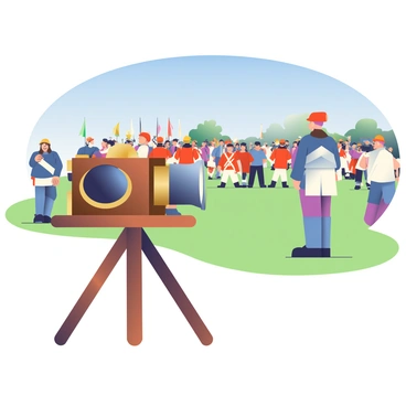 An old-fashioned camera with a wooden body and brass fittings is set up on a tripod, facing a historical re-enactment scene. The camera features a large lens and a bellows, giving it a vintage appearance. In the background, a vibrant historical scene unfolds with participants dressed in period costumes, including soldiers in red coats and women in flowing dresses. Some participants are holding flags while others are engaged in a battle drill. A few spectators in modern clothing are observing the event from a distance, adding a contrast to the scene. The setting is a grassy field with a clear blue sky above, providing a bright backdrop for the re-enactment.