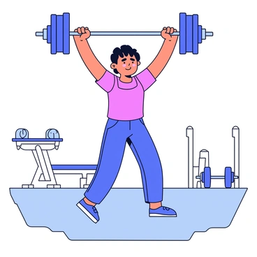 A weightlifter in a gym is positioned with a strong stance. They are raising a heavy barbell above their head with both arms extended. The weightlifter has an intense expression on their face, showing determination and focus. They are wearing a tight-fitting workout outfit, and sweat glistens on their forehead. The gym setting includes gym equipment in the background, such as dumbbells and a bench press. The floor has a rubber mat texture for safety during workouts.