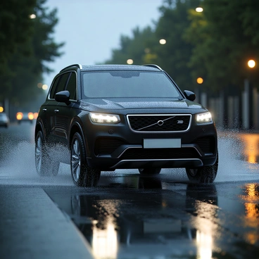 A sleek black Range Rover, with shiny chrome accents, is driving through large puddles on a rainy day. The vehicle has its headlights on, illuminating the splashes of water on either side. Raindrops are visible on the windshield, creating a blurred effect. The background features a wet asphalt road with scattered leaves and reflections of streetlights in the water. The sky is overcast, filled with dark clouds, enhancing the atmosphere of a typical rainy day.