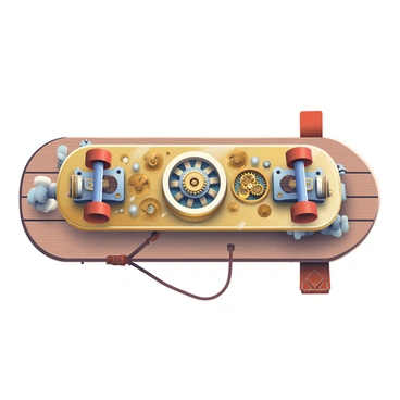 A steampunk-inspired skateboard is placed on a wooden surface. The skateboard has a polished brass deck adorned with intricate gears, cogs, and mechanical elements that are exposed along the sides. The wheels are made of a combination of wood and metal, featuring small gears within them that rotate as the skateboard moves. Steam pipes run along the underside of the board, hinting at a mechanical propulsion system. The grip tape is textured with a worn leather pattern, adding to the vintage feel. A pair of leather straps are attached, ready for the rider's feet.