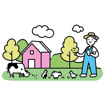 A round farmer wearing blue overalls and a straw hat is standing in the center of a green field. He is holding a bucket of feed, scattering it to a group of chickens pecking at the ground. Next to him, a cow with black spots is grazing on the grass. In the background, there is a red barn with a white roof, surrounded by vibrant green trees. The sky above is clear with a few fluffy clouds. The scene captures an active and cheerful atmosphere on the farm.