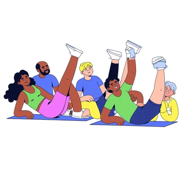 A multicultural group of five people is lying on their sides on exercise mats. Each person is focusing intently on raising their legs. The individuals have diverse skin tones, representing different ethnic backgrounds. In the scene, a woman with curly black hair is lifting her left leg high while a man with short brown hair, wearing a green tank top, follows suit. Next to them, a woman with straight blonde hair raises her leg as well, wearing bright pink athletic shorts. Further along, a man with a beard in a blue t-shirt is keeping pace with the others, and a woman with a ponytail in a yellow top is smiling as she performs the exercise. The environment is a bright and open space, conducive to fitness activities.