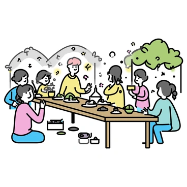 A long wooden table is set in the center of a vibrant village square. "Maveli," a traditional figure, is seated at the head of the table, wearing a colorful traditional outfit. The table is filled with an array of traditional dishes, including "banana leaf platters" stacked with "rice," "sambar," and "pickle." Surrounding the table, villagers of various ages are seated, enjoying the feast. Decorations of "flowers" and "festive lights" adorn the scene, creating a lively atmosphere. The background features "thatched-roof houses" and "lush greenery," adding to the essence of the village.